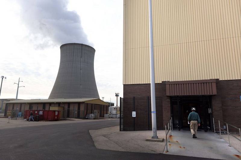 One of the two iconic twin cooling towers overlooking Illinois' Rock River Valley at the Byron Generating Station Tuesday, Oct. 17, 2023, in Byron.