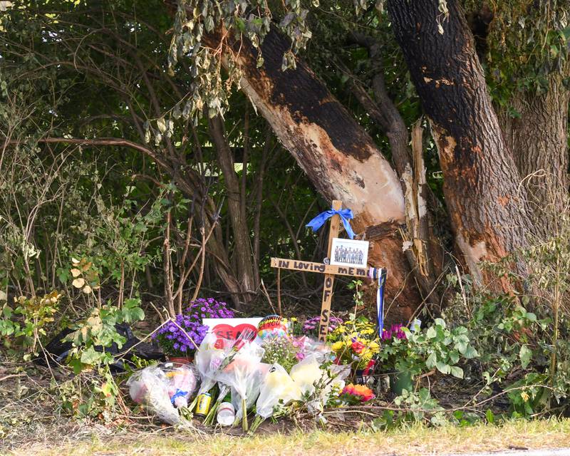 A Photo, flowers and signs are place at the scene on Sunday Sept. 15, 2024, where an Oswego High School student lost his life in a car crash.