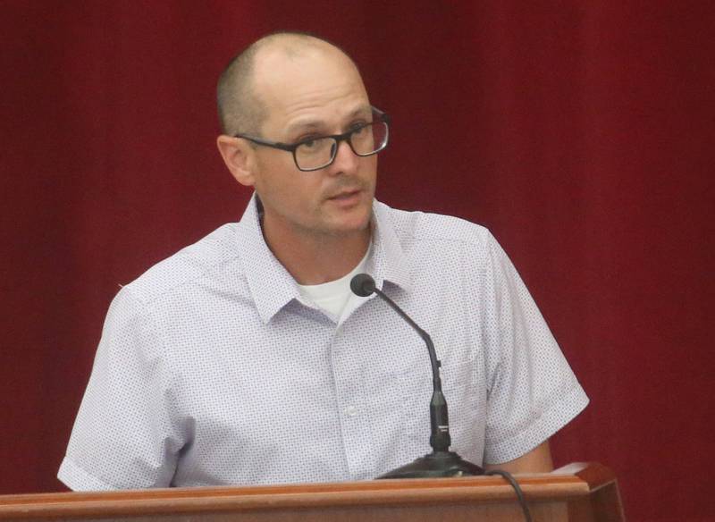 La Salle County Board member Brian Dose speaks to the Illinois Health Facilities and Services Review Board during a hearing on Thursday, June 13, 2024 at Central Intermediate School in Ottawa.