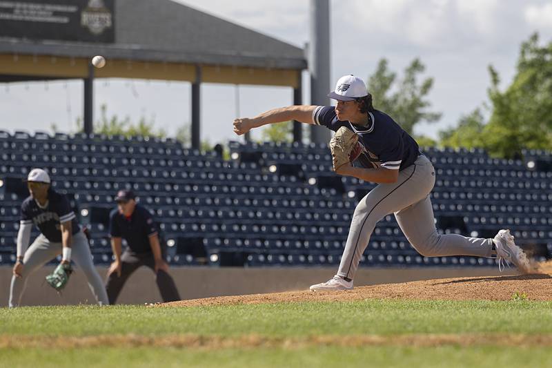 Chicago Hope’s Roberto Rey fires a pitch against Newman Monday, May 27, 2024 during the Class 2A super-sectional in Rockford.