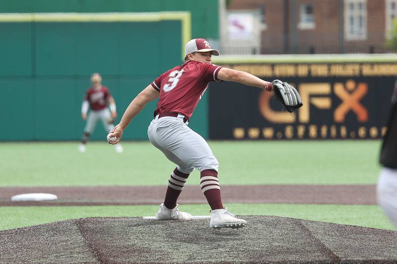 Morris’ Cody DelFavero delivers a pitch against Highland in the IHSA Class 3A 3rd place game on Saturday June 8, 2024 Duly Health and Care Field in Joliet.