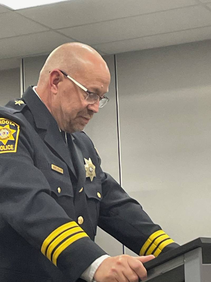 Mendota Police Chief Greg Kellen announces his retirement Monday, May 20, 2024, at the Mendota City Council meeting. Kellen, who departs in mid-June, called it a career after more than three decades in law enforcement.