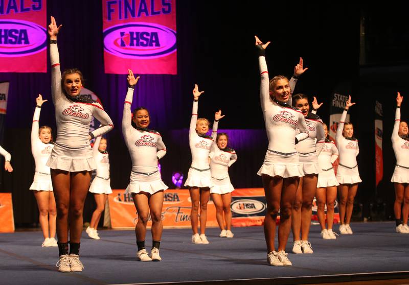 Members of the Lincoln-Way Central High School cheer team perform during the IHSA Cheer State Finals in Grossinger Motors Arena on Saturday, Feb. 4, 2023 in Bloomington.