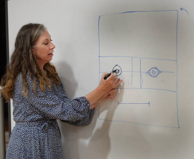 Retired forensic artist Bethe Hughes of Dixon shows how to begin drawing a suspect sketch during a workshop on forensic art at the Coliseum Museum of Art, Antiques, and Americana in Oregon on Saturday, Aug. 17, 2024. Hughes worked as a special agent for the Illinois State Police for 20 years before retiring.