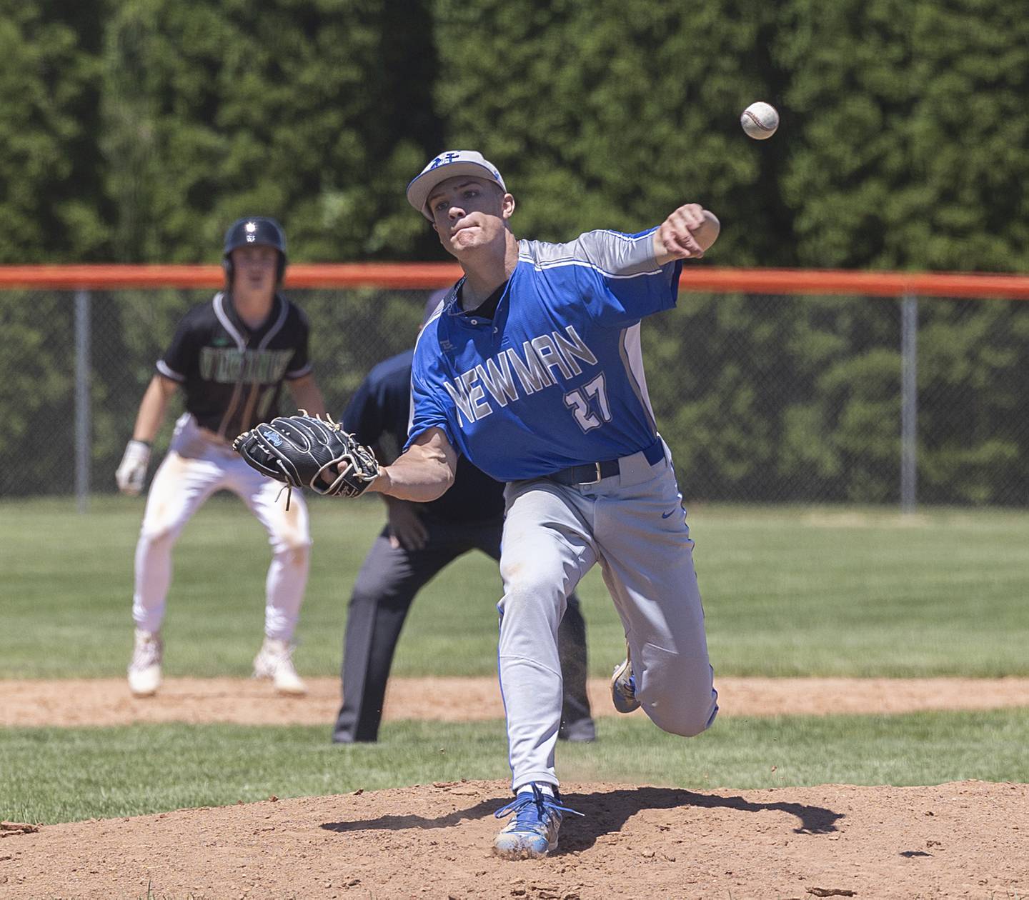 Newman’s Brendan Tunink comes in for relief against North Boone Saturday, May 25, 2024 at the Byron 2A sectional final.
