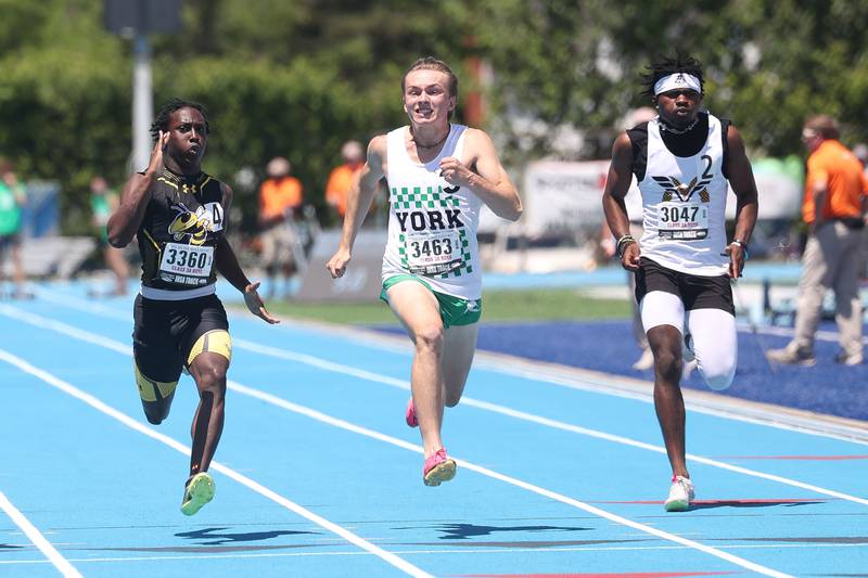 York’s Cash Langley sprints to a 5th place finish in the Class 3A 100 Meter State Championship on Saturday, May 25, 2024 in Charleston.