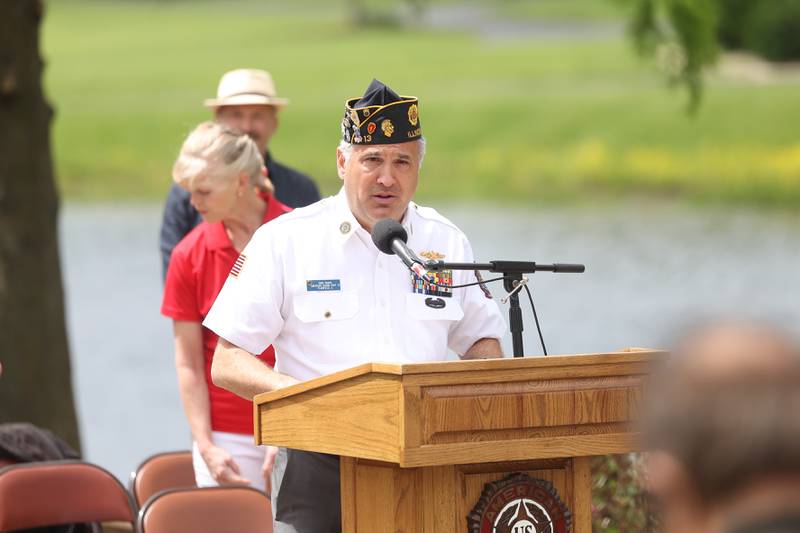 Greg Roach of the American Legion Post 13 maks opening remarks at Plainfield’s Memorial Day and Ceremony event on Monday, May 27, 2024.