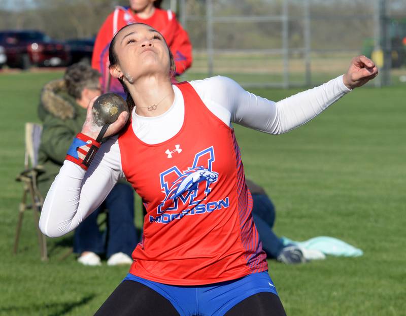 Morrison's Kelsey Gibbs throws the shot at the Ed Schmidt Invitational Track Meet at Erie High School on Friday, April 19, 2024.