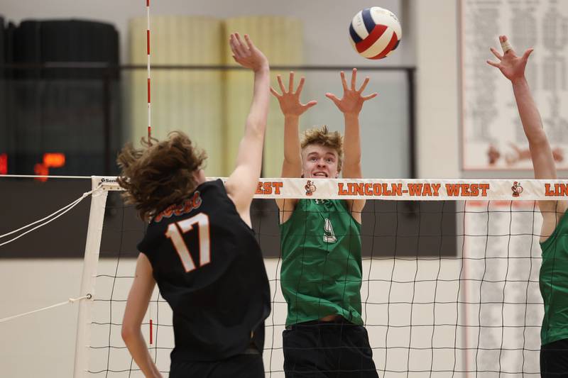 Providence’s Ethan Matton goes for the block against Lincoln-Way West on Wednesday, April 3, 2024 in New Lenox.