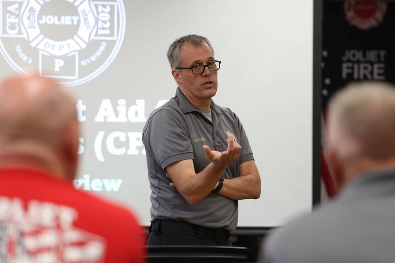 Battalion Chief Aaron Kozlowski speaks at the Crisis First Aid refresher course for the Joliet Fire Department Station One crew on Wednesday, July 12th, 2023 in Joliet.