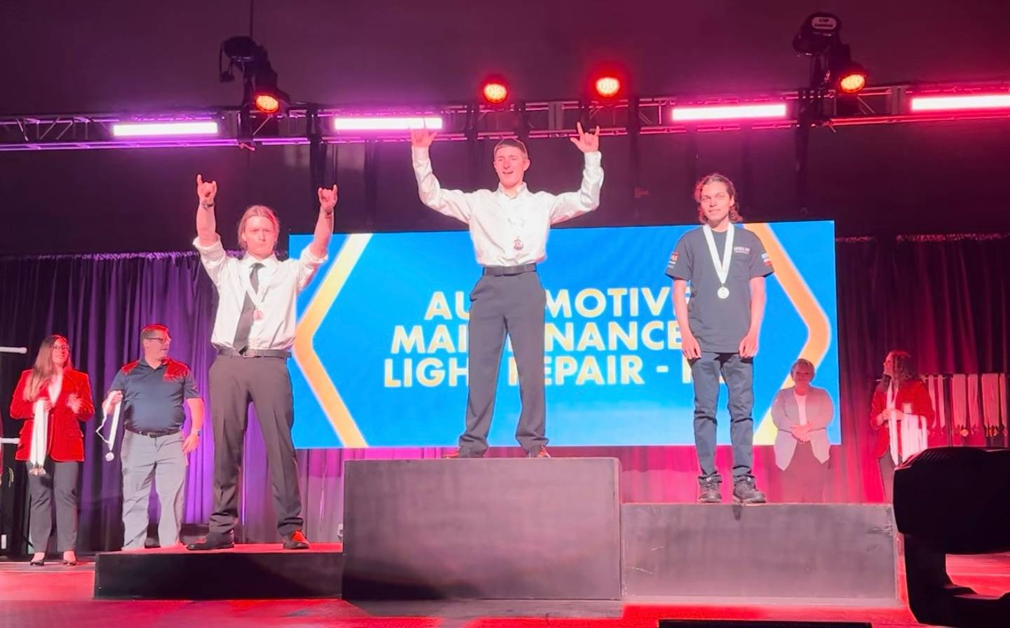 Joliet Central High School senior Jesus Avila (podium right) won a silver medal in the Automotive Maintenance and Light Repair category at the 2024 SkillsUSA Illinois Career Competition on April 26, 2024 in Peoria.