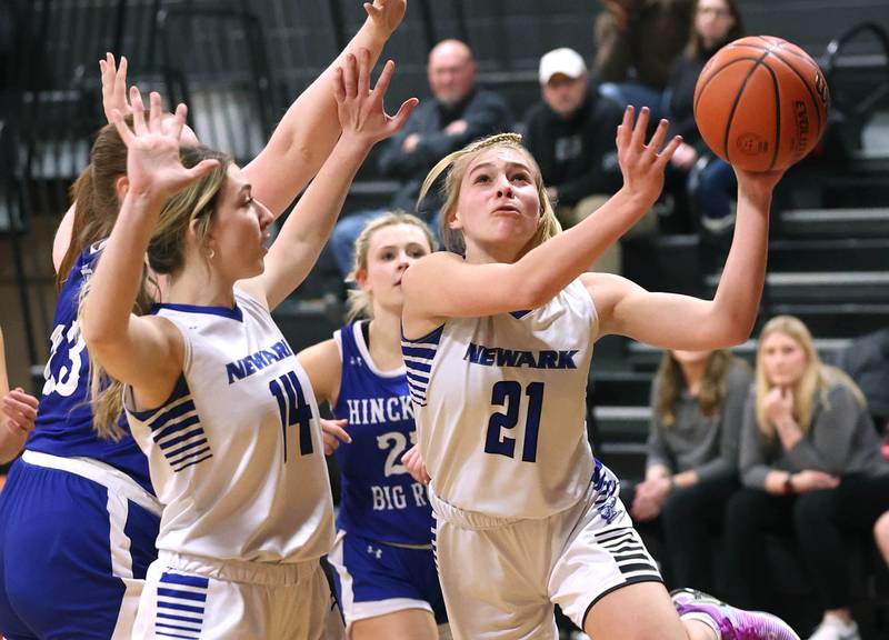 Newark’s Addison Ness gets through the Hinckley-Big Rock defense for a layup Thursday, Jan. 18, 2024, during the Little 10 girls basketball tournament at Indian Creek High School in Shabbona.