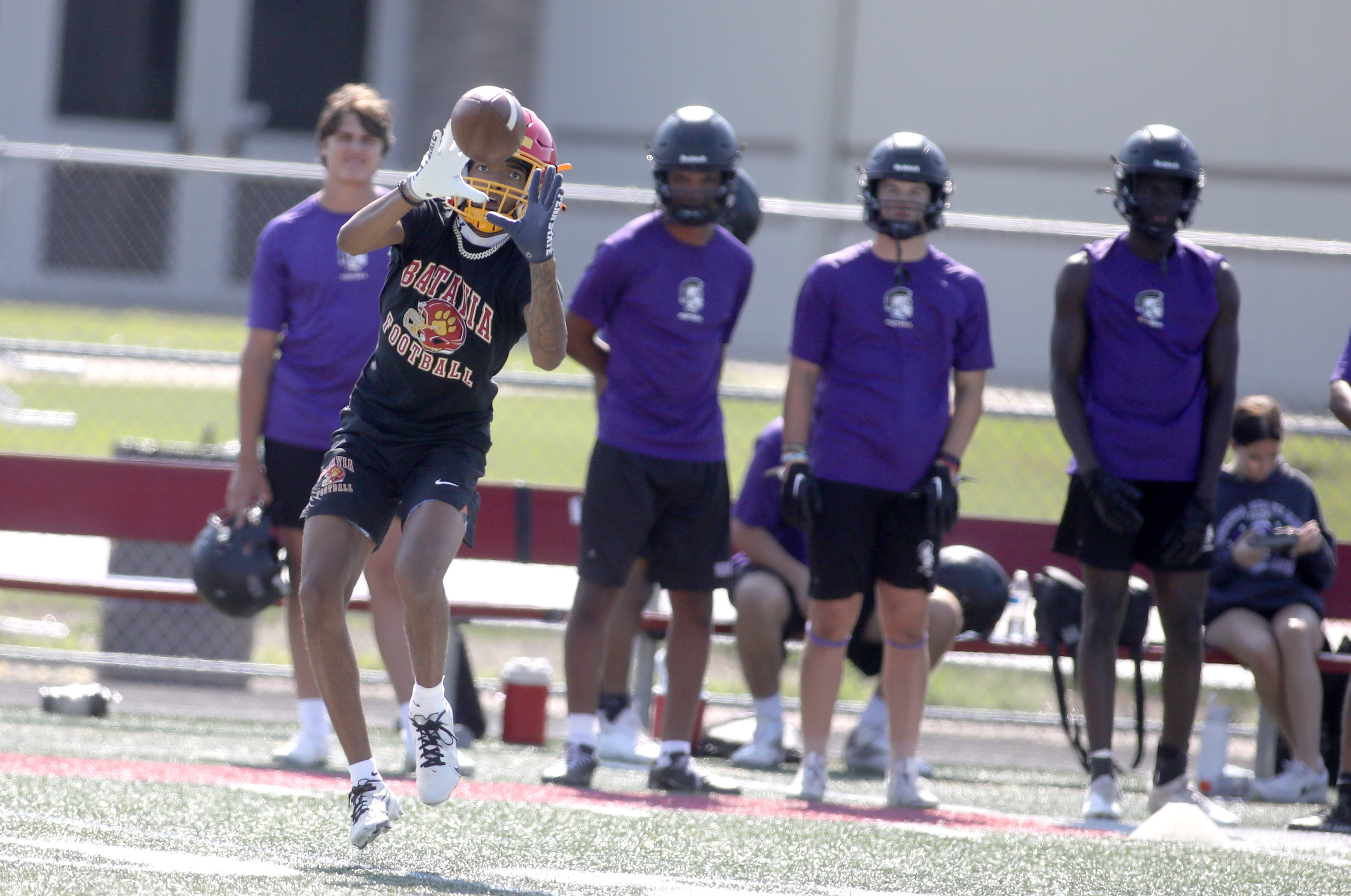 Batavia’s Isaiah Brown makes a catch during a 7-on-7 tournament at Batavia High School on Thursday, July 18, 2024.