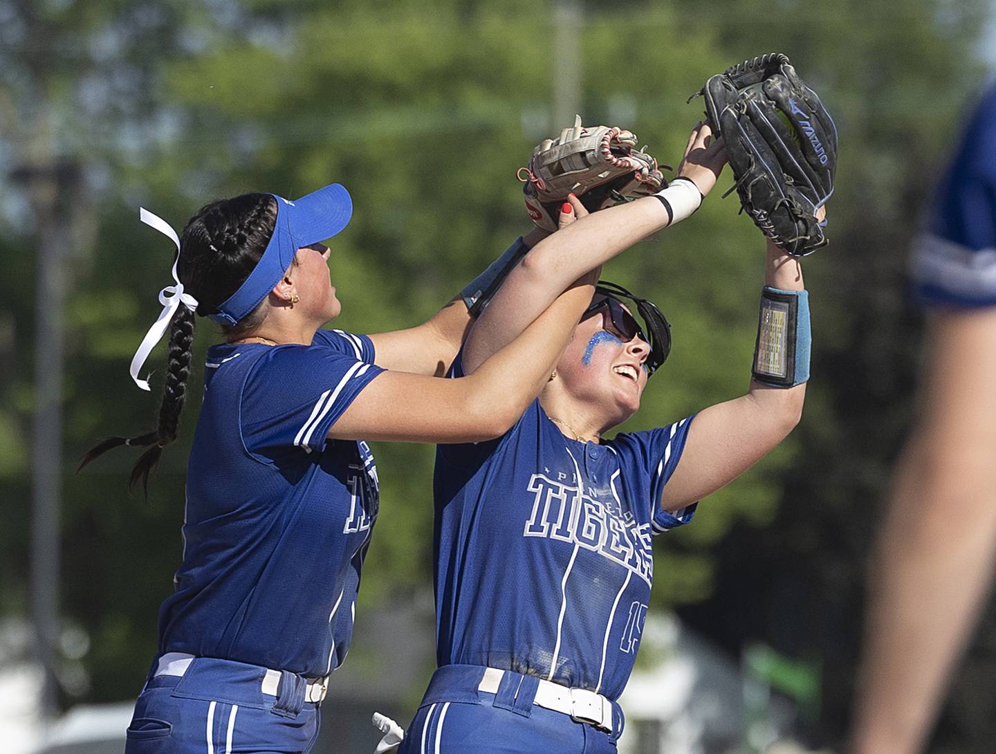 Princeton’s Keely Lawson (left) and Sylvie Rutledge come together on a pop-up against Bureau Valley Friday, May 17, 2024 at the Class 2A regional semifinals in Rock Falls.