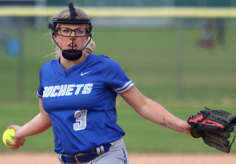 Burlington Central’s Zoe Hornsby delivers in varsity softball at Cary Monday.