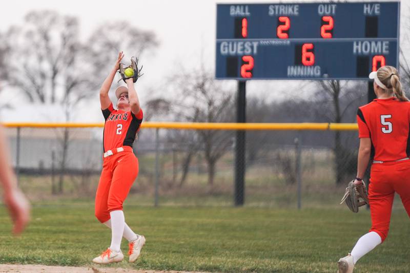 St. Charles East's Addison Wolf (2) catches a infield popup for an out against Oswego East to end the inning leaving three on base during a softball game at Oswego East High School on Wednesday, March 13, 2024.