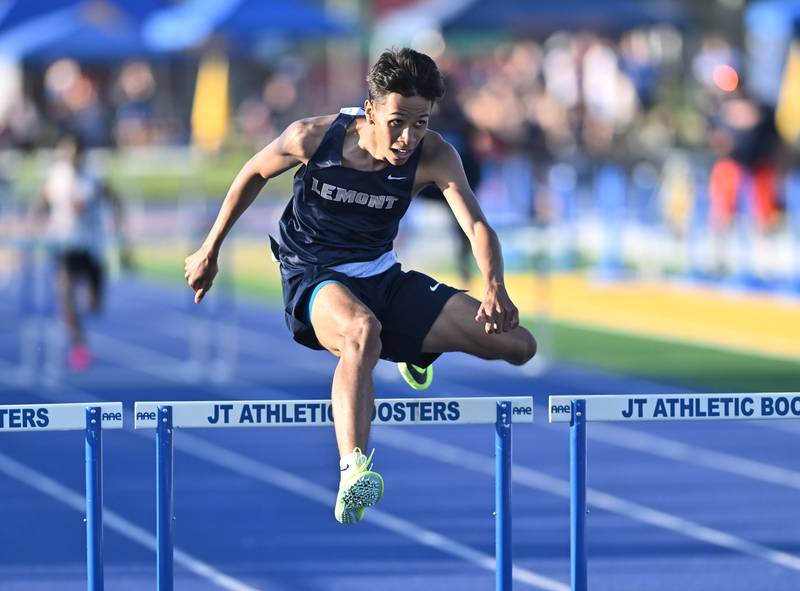 Lemont's Quinton Peterson wins the heat in the 300 meter hurdles during the IHSA 3A Sectional track meet  on Friday, May. 17, 2024, at Joliet.
