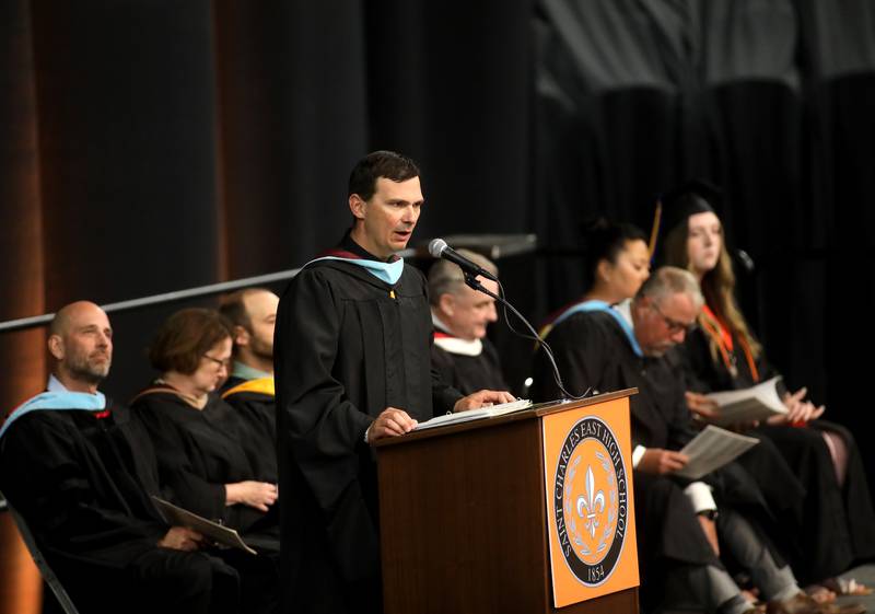 St. Charles East Principal Jim Richter addresses the graduates and families during the school’s 2024 commencement ceremony at Northern Illinois University in DeKalb on Monday, May 20, 2024.