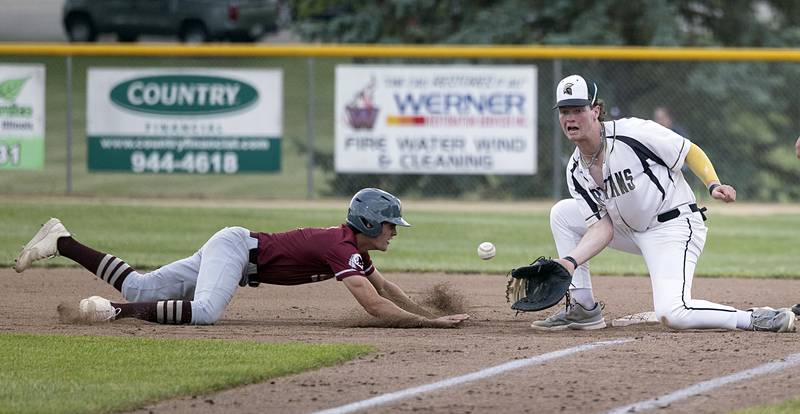 Sycamore’s Davis Collie takes a pick-off throw against Morris’ AJ Zweeres Monday, June 3, 2024 in the Class 3A Geneseo supersectional.