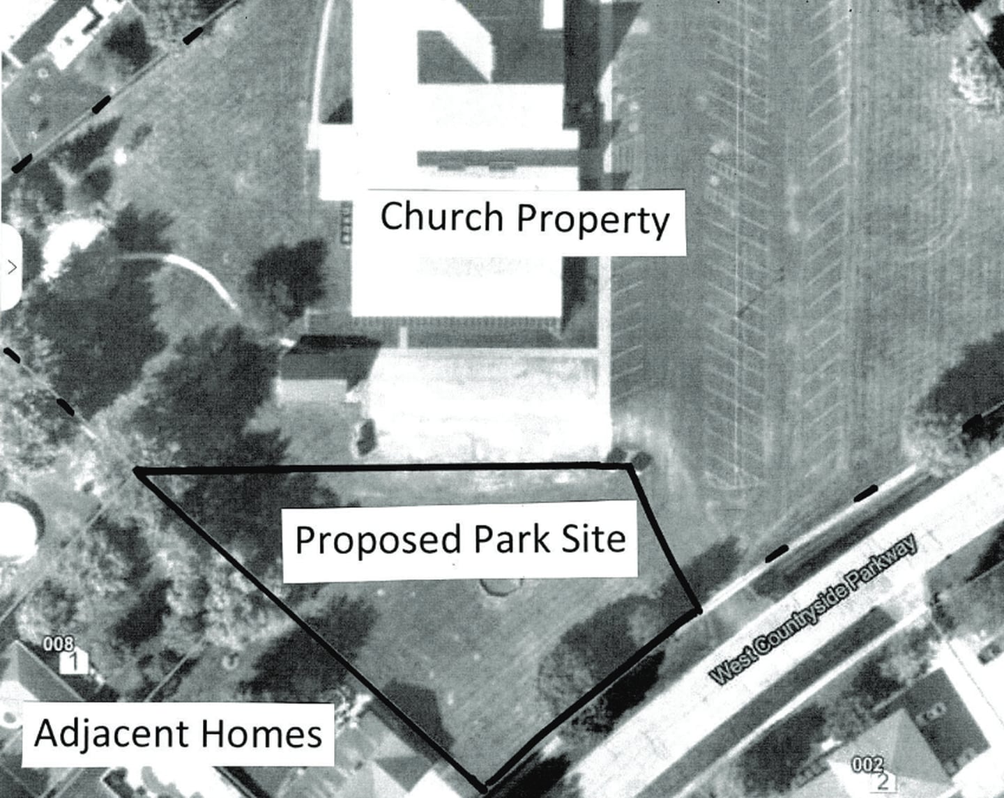 This map shows the location of the proposed Countryside Pavilion Park, on land to be donated by the Yorkville Congregational Church. (Image provided by city of Yorkville)