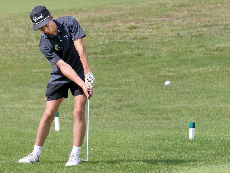 Sycamore's Michael Olson hits his ball during the Pirate Invitational golf meet on Monday, Sept. 16, 2024 at Deer Park Golf Course in Oglesby.