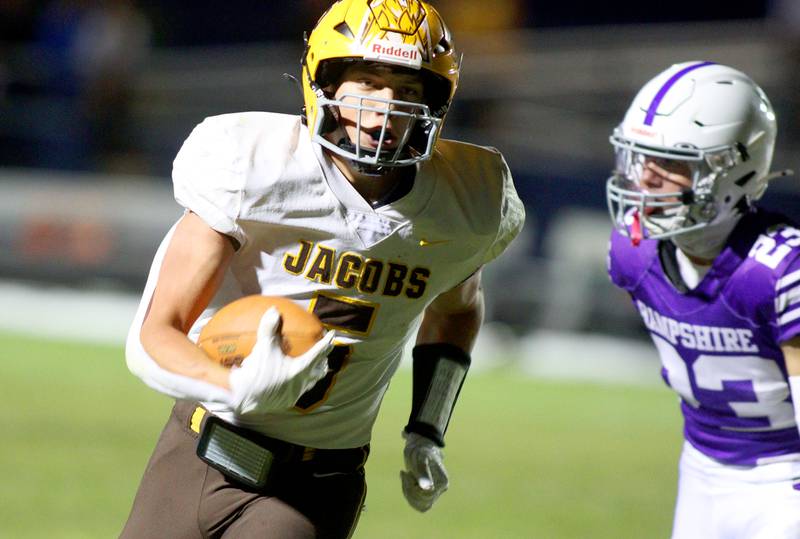 Jacobs’  Matt Scardina hustles in with a touchdown in varsity football on Friday, Sept. 6, 2024, at Hampshire School in Hampshire.