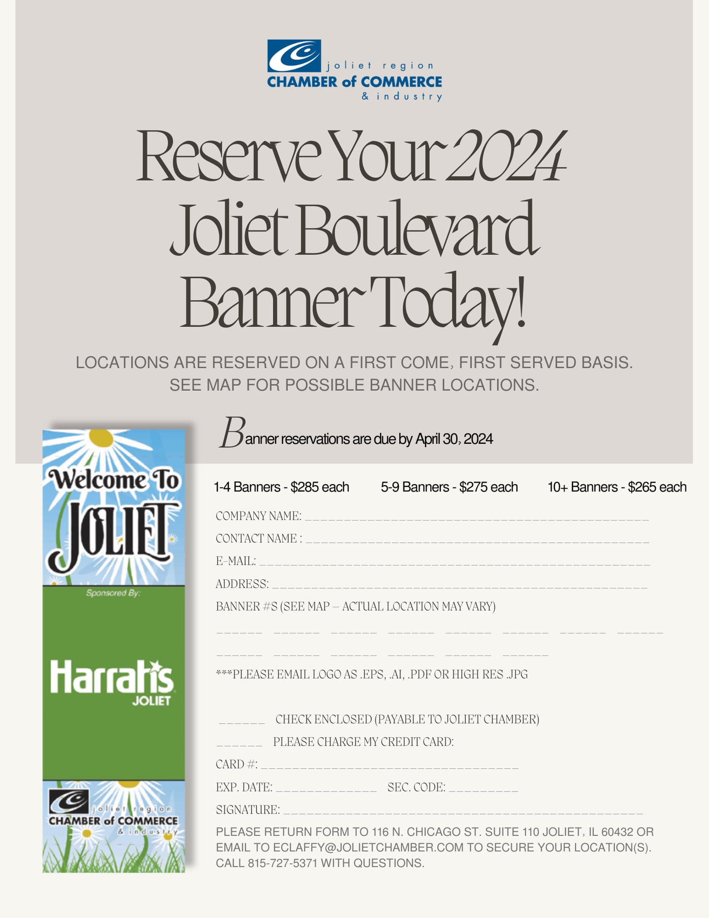 Reservations are available for the 2024 Joliet Boulevard Banner program through the Joliet Chamber of Commerce until April 30, 2024
