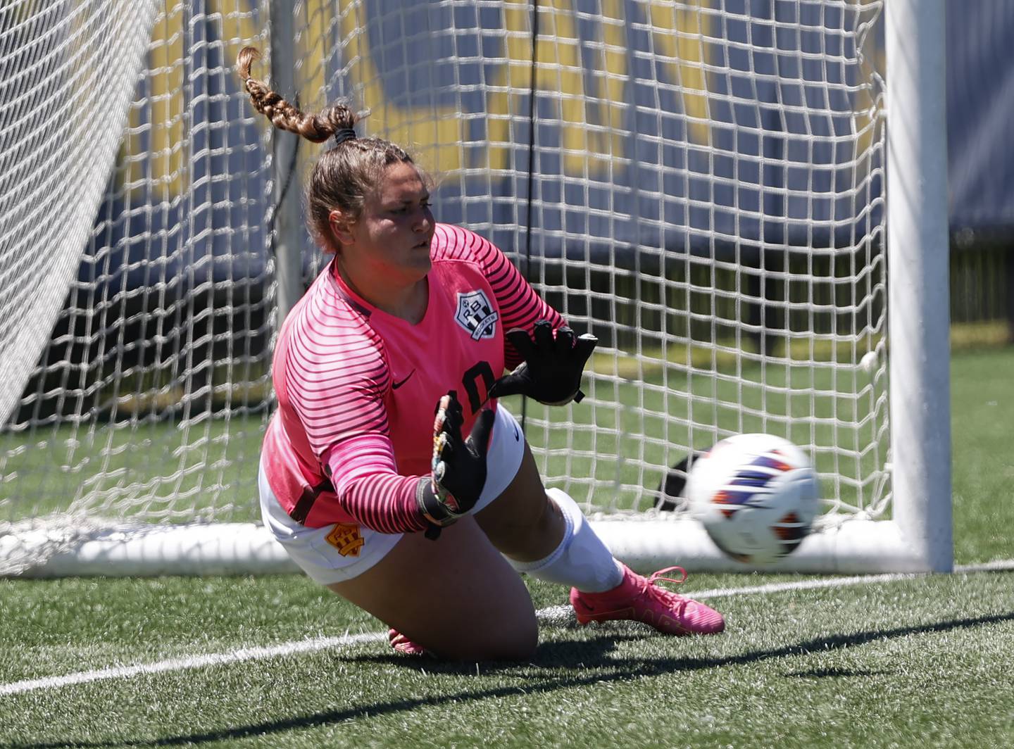 Richmond-Burton's goalkeeper Taylor Labay makes a save during the Class 1A Dominican super-sectional between Willows Academy and Richmond-Burton HS in River Forest on Saturday, May 25, 2024.