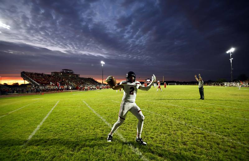 Barrington's Ian Tepas (2) celebrates a touchdown Friday, Aug. 30, 2024 in South Elgin.