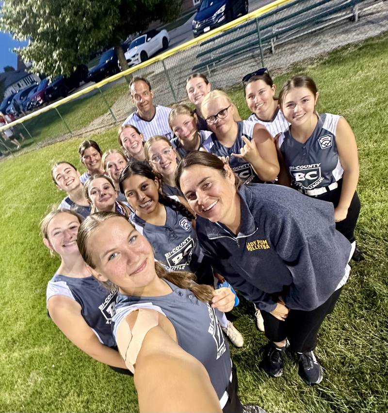 The Bi-County All-Stars huddle for a selfie taken by Myah Richardson during the Junior League Softball Tournament in Burbank.