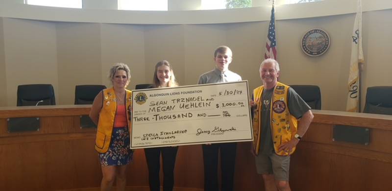 The Algonquin Lions Club has awarded two scholarships of $3,000 each along with its Ted Spella Education Award to recent Jacobs High School graduates Megan Uehlein and Sean Trznadel.