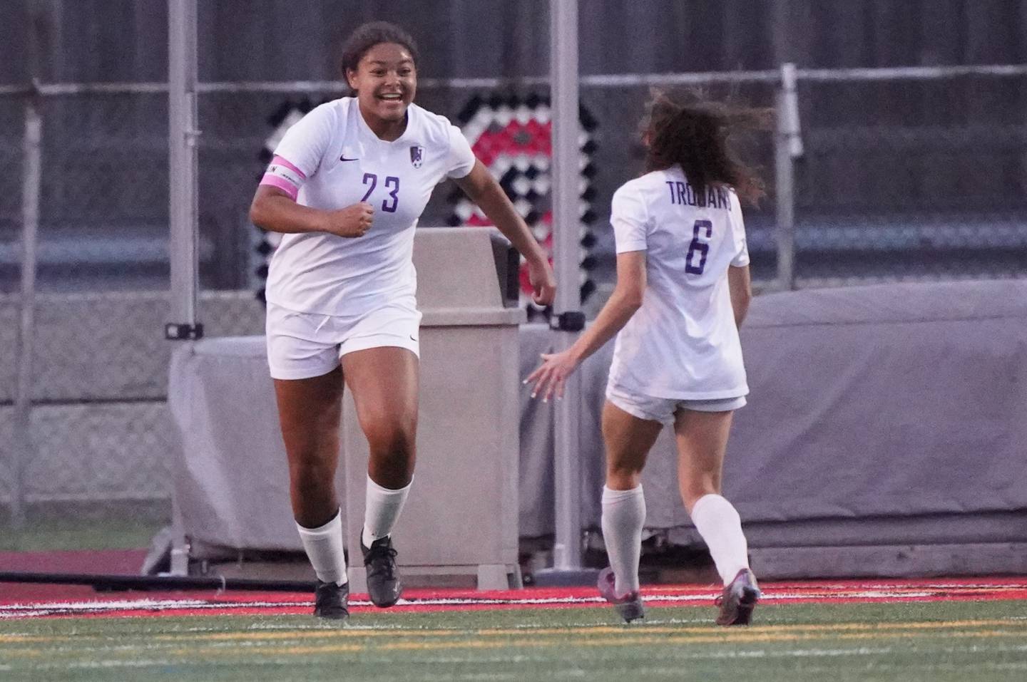 Downers Grove North's Kaitlyn Parker (23) smiles after scoring a goal against York during a Class 3A Hinsdale Central Sectional semifinal soccer match at Hinsdale Central High School in Hinsdale on Tuesday, May 21, 2024.