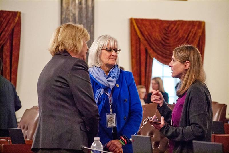 Sen. Julie Morrison (left, D-Lake Forest) and Sen. Mary Edly-Allen (middle, D-Libertyville) converse on the Senate floor with Sen. Laura Fine, D-Glenview, earlier this year. Morrison and Edly-Allen are the sponsors of two digital privacy bills allowing civil action for victims of "deepfake porn" and "doxing."