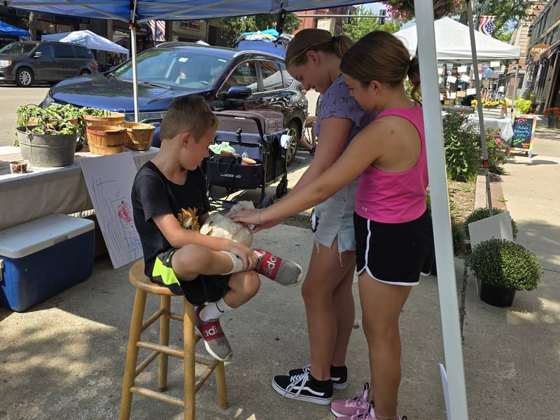 Grant Maierhofer holds his chicken Peach for Sienna Morales and Jillian Daniels to pet Saturday, Aug. 24, 2024, during the third annual Prairie Fox Books Children's Business Fair in downtown Ottawa.