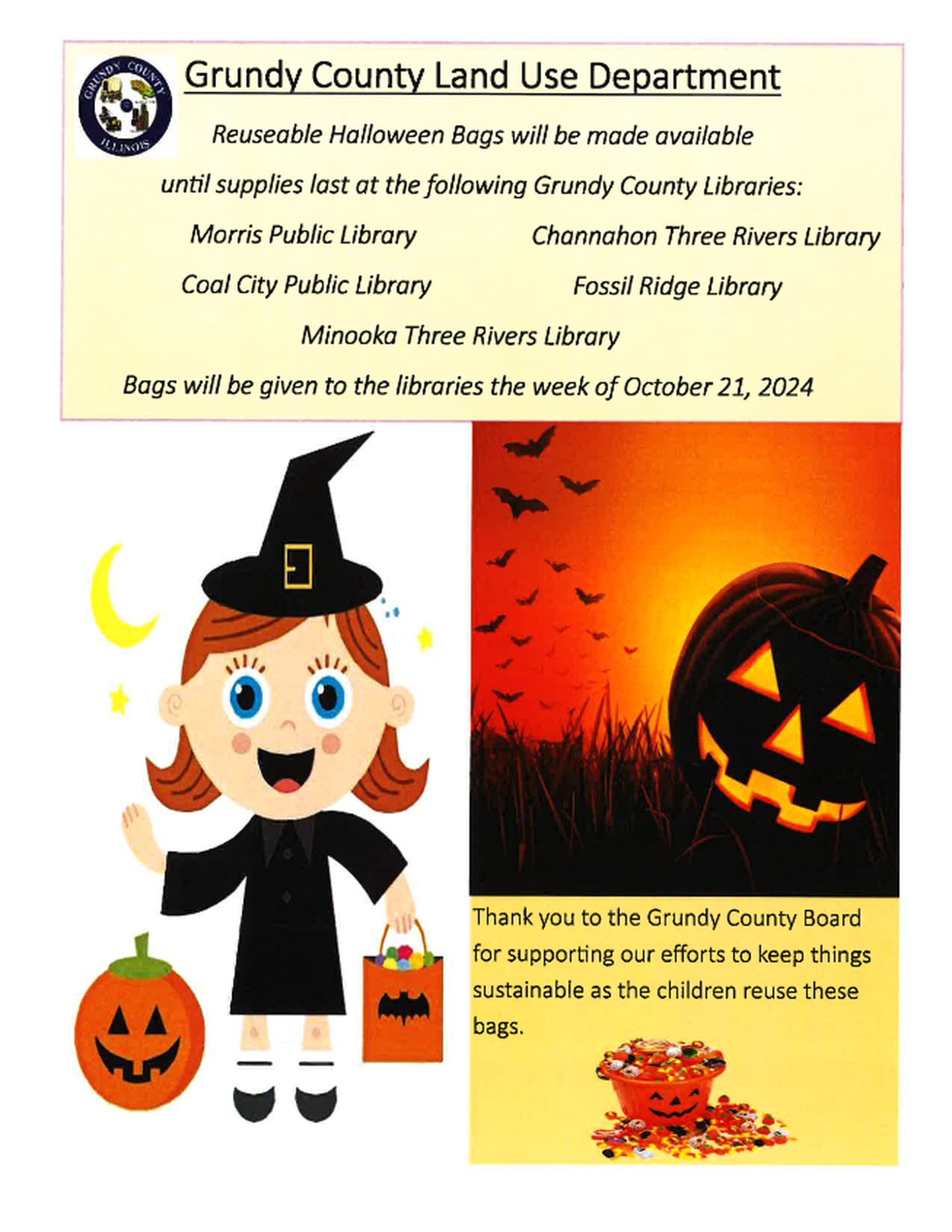 A flyer listing where Grundy County residents can get materials to make reusable Halloween Trick-or-Treat bags.