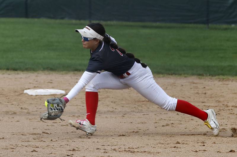 Huntley’s Sadie Svendsen makes a inning ending catch to get Prairie Ridge’s Parker Frey out during a Fox Valley Conference softball game against Prairie Ridge on Monday, April 29, 2024, at Prairie Ridge High School.