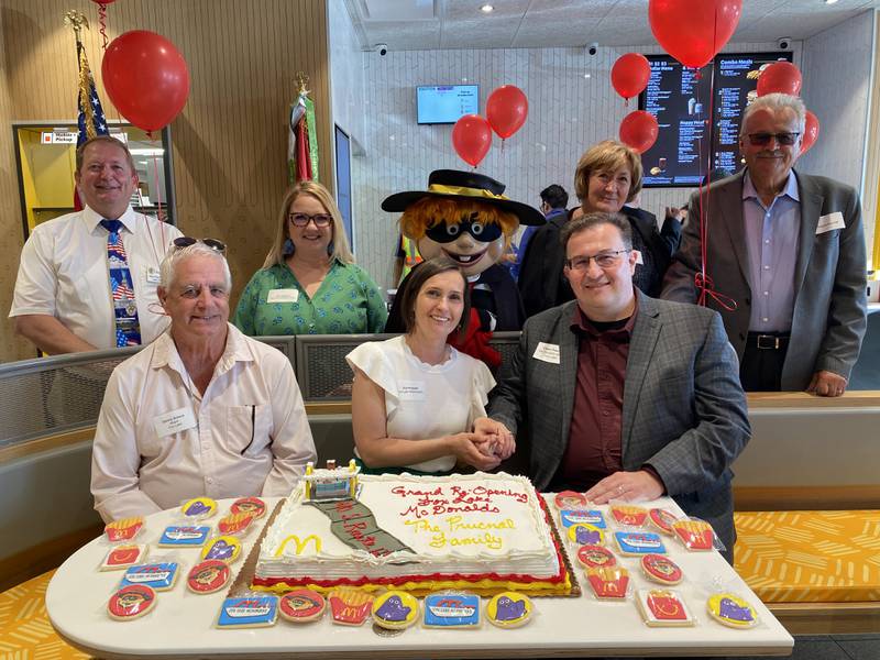 Fox Lake Mayor Donny Schmit (first row from left, Ela Prucnal, Chris Prucnal (back row from left) Rep. Tom Weber, McDs FBP Tina Johnson, Hamburglar, Sandy Prucnal and Richard Prucnal.