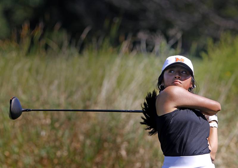 McHenry’s Jennifer Henry watches her tee shot on the 8th hole of the Prairie course during the McHenry County Tournament on Thursday, Sept.12, 2024, at Boone Creek Golf Club in Bull Valley.