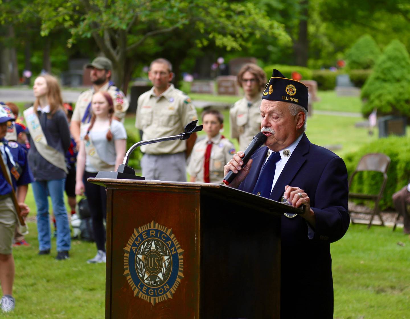 Post Commander Norm Welker speaks the Elburn American Legion Annual Memorial Day Observance at the Blackberry Township Cemetery on Monday, May 27, 2024.