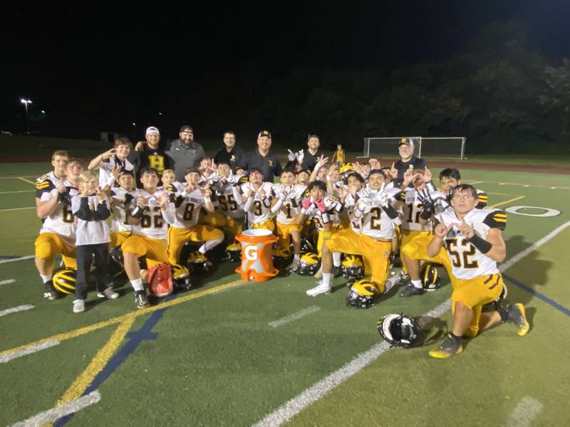 Harvard celebrates a 42-7 win against Lisle   on Friday. The Hornets snapped a 20-game losing streak with the win.