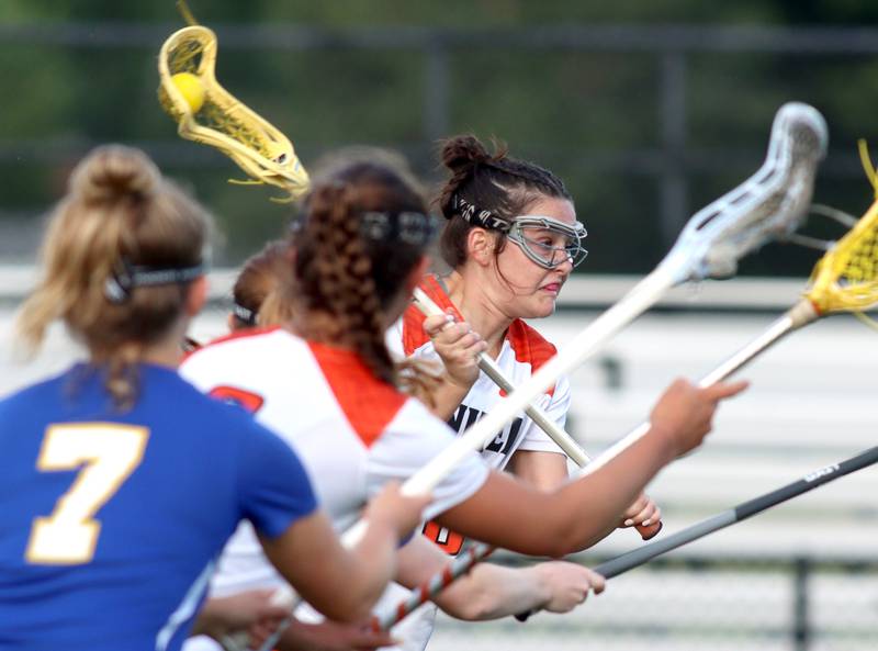 Crystal Lake Central’s Colleen Dunlea scores against Lake Forest during girls lacrosse supersectional action at Metcalf Field on the campus of Crystal Lake Central Tuesday.
