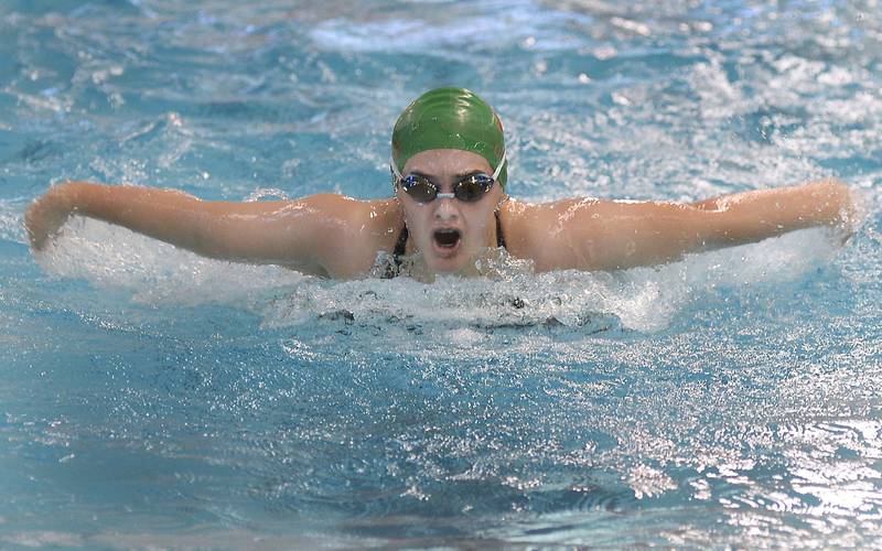 Evvie Jepsen swims Saturday, Sept. 17, 2022, during the 100 butterfly of the L-P Pentathlon.