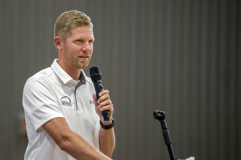 Seth Nicklaus, DPD recreation director, speaks about the Facility’s equipment and features during the grand opening Friday, August 19, 2022.