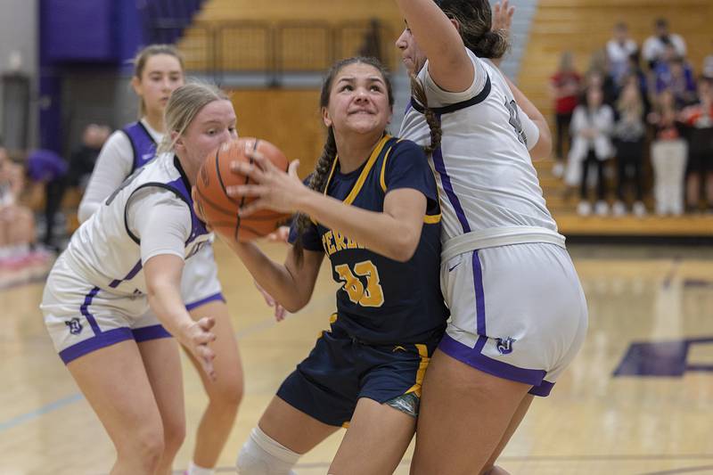 Sterling’s Joslynn James turns to put up a shot against Dixon Tuesday, Feb. 13, 2024 during a regional semifinal at Rochelle.