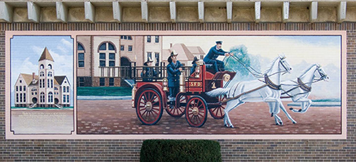 "The First City Hall and Fire Station." painted by Gary Kirby in 1998, is one of Sterling's official murals and can be viewed at the Sterling Fire Department's main station at 110 W. Fifth St. For a self-guided map and walking tour of the rest of the murals, go to Sterling Main Street's website, sterlingmainstreet.org.