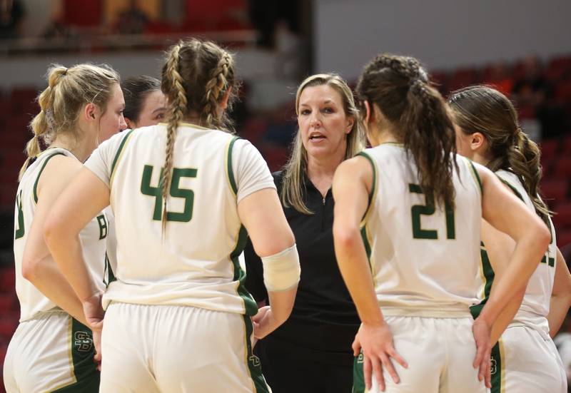 St. Bede head girls basketball coach Stephanie Mickley talks to her team during a timeout in the Class 1A State semifinal game on Thursday, Feb. 29, 2024 at CEFCU Arena in Normal.