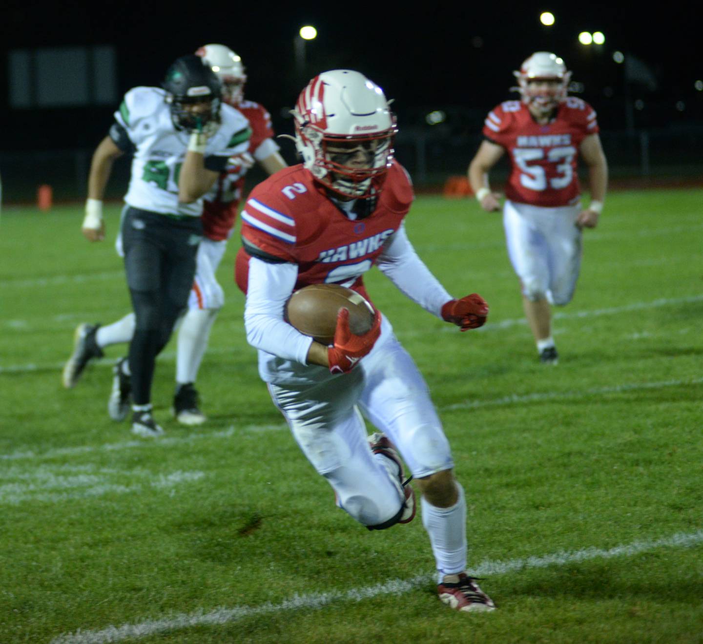 Oregon's Austin Egyed (2) runs with the ball during a Friday, Oct. 6, 2023 game with Rock Falls at Oregon High School's Landers-Loomis Field.