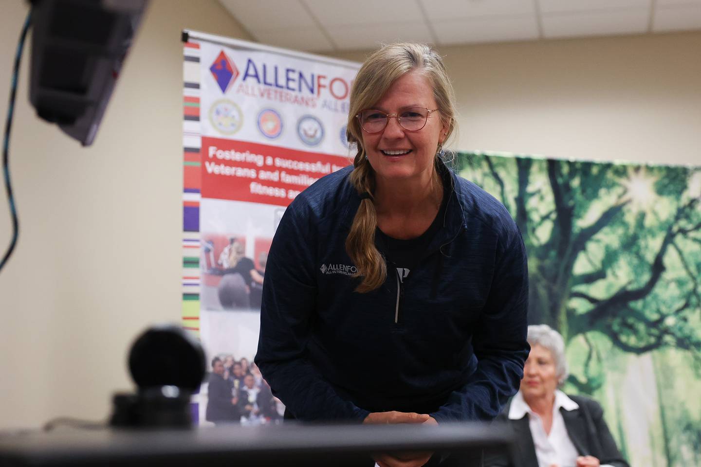 AllenForce founder and CEO Donna Rielage talks to attendees through Zoom before a class at the Plainfield Township Community Center on Thursday, Oct. 12, 2023 in Plainfield.