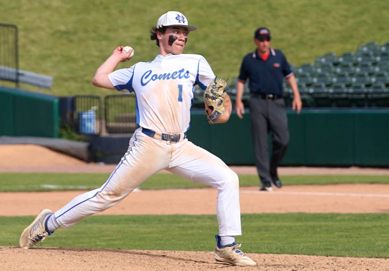 Newman's Garrett Matznick delivers a pitch to Maroa-Forsyth during the Class 2A semifinal game on Friday, May 31, 2024 at Dozer Park in Peoria.