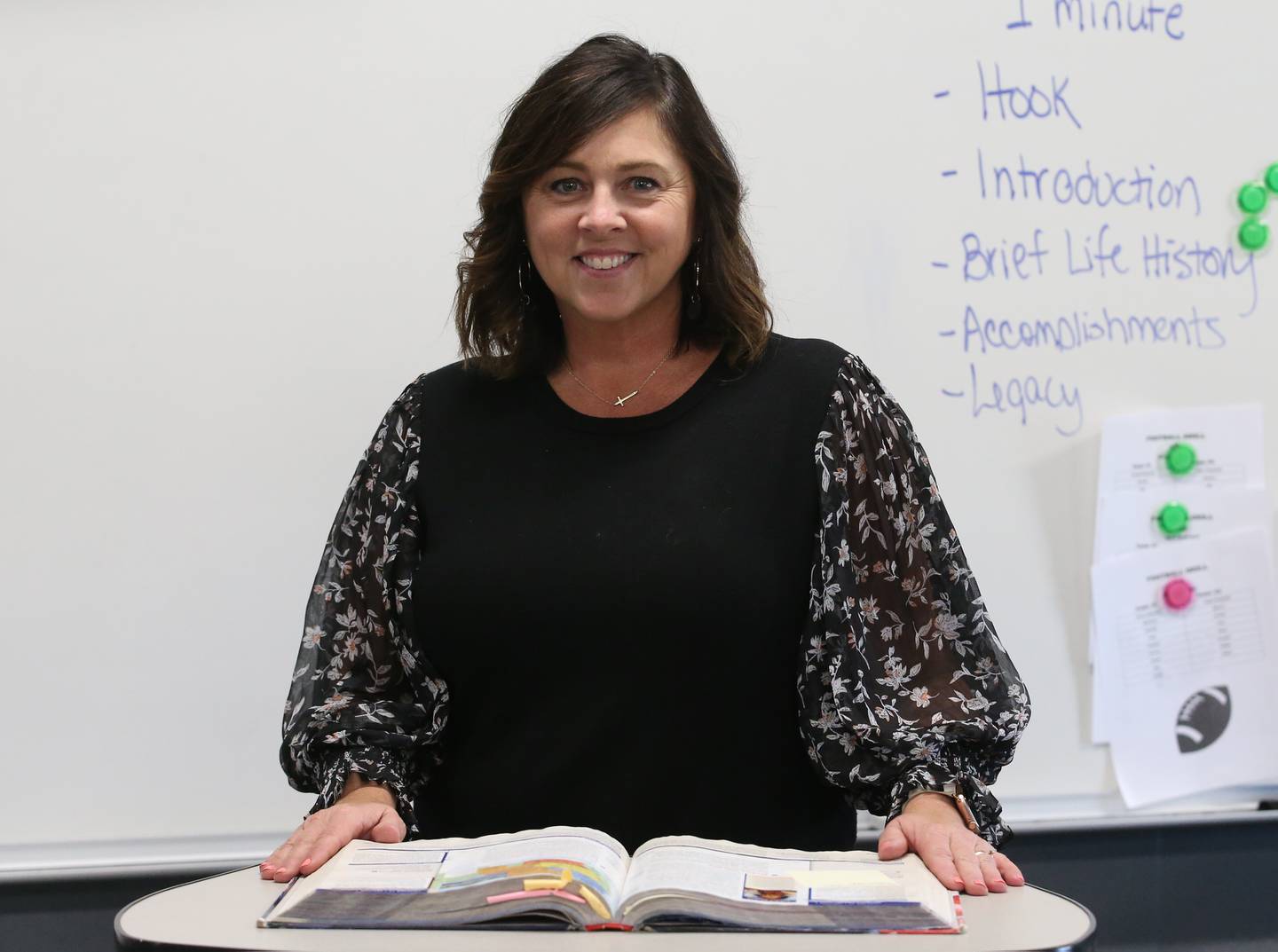 Tracey Schoff, a teacher at Bureau Valley Junior High School, smiles while teaching students on Thursday, April 6, 2023.